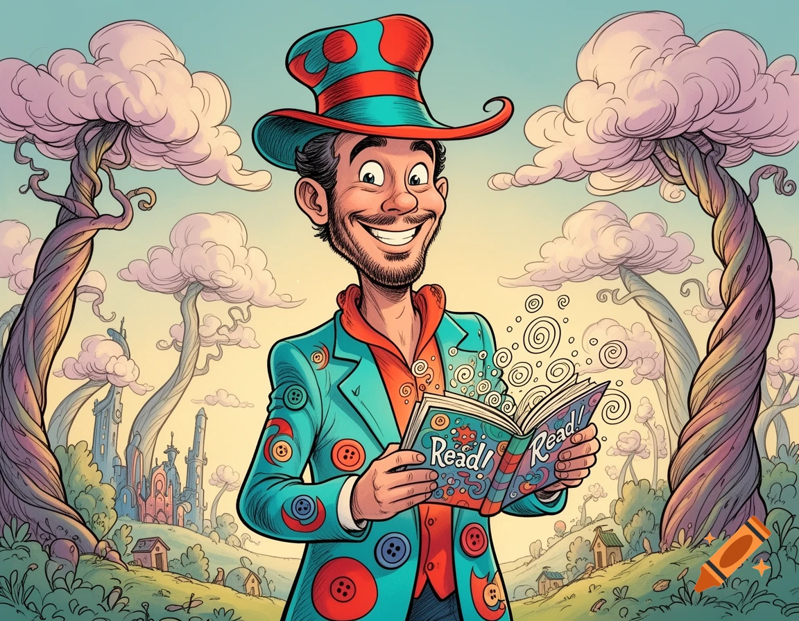 A smiling, bearded man in a colorful Dr. Seuss-style hat and jacket holds an open book that says 'Read!' in a whimsical landscape.