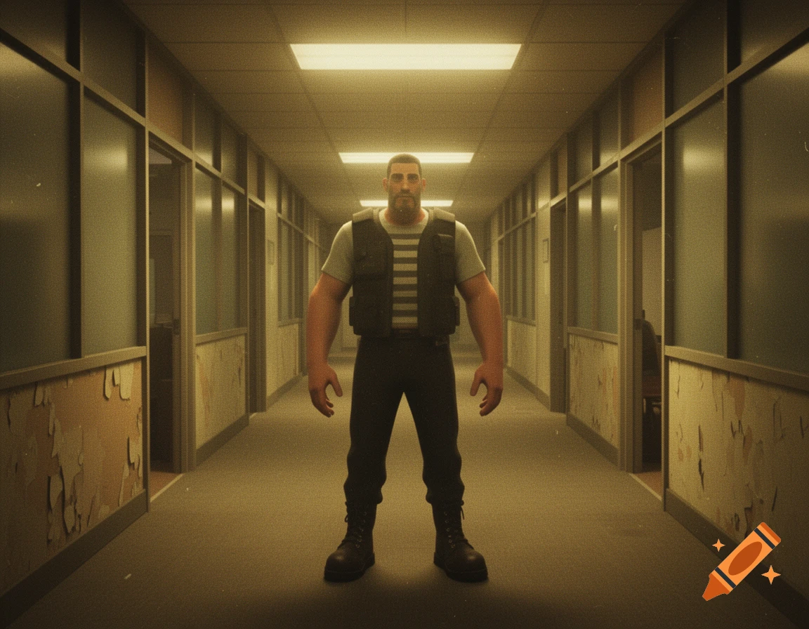 A stylized, burly character from Team Fortress 2, wearing a tactical vest, stands in a desolate, grainy hallway resembling the backrooms.