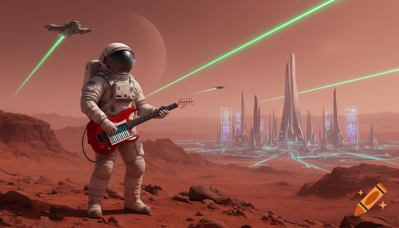 Photorealistic astronaut playing a red electric guitar with a midi keyboard on Mars. Spaceships fire lasers over a futuristic city.