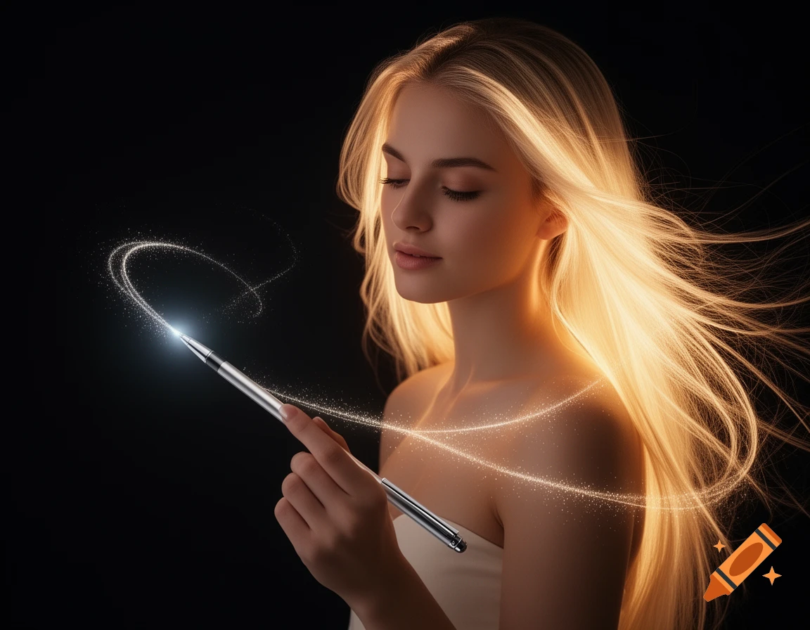 A photorealistic portrait of a beautiful woman holding a glowing pen, with streaks of light and luminous hair against a dark background.