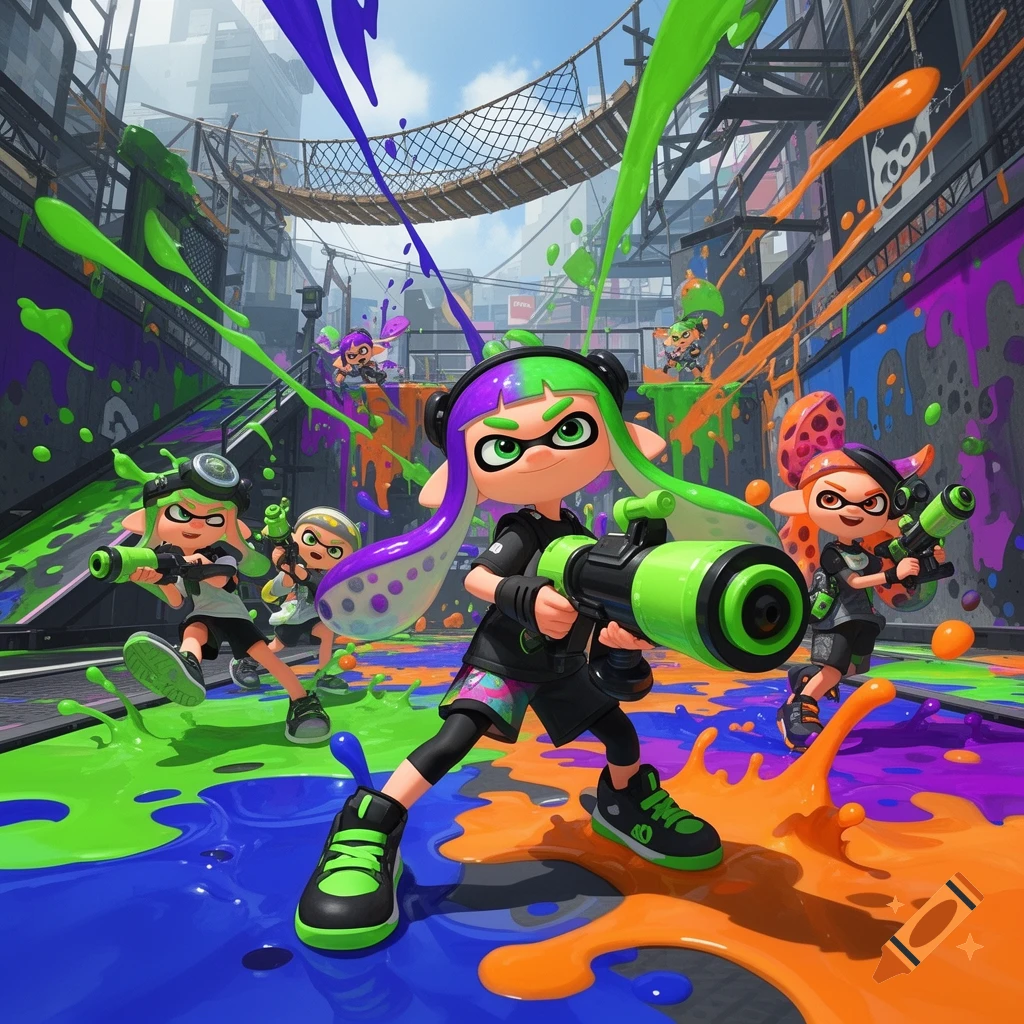 Vibrant image of Splatoon characters (Inklings) in an urban arena, wielding ink weapons amidst colorful blue, green, and orange paint.