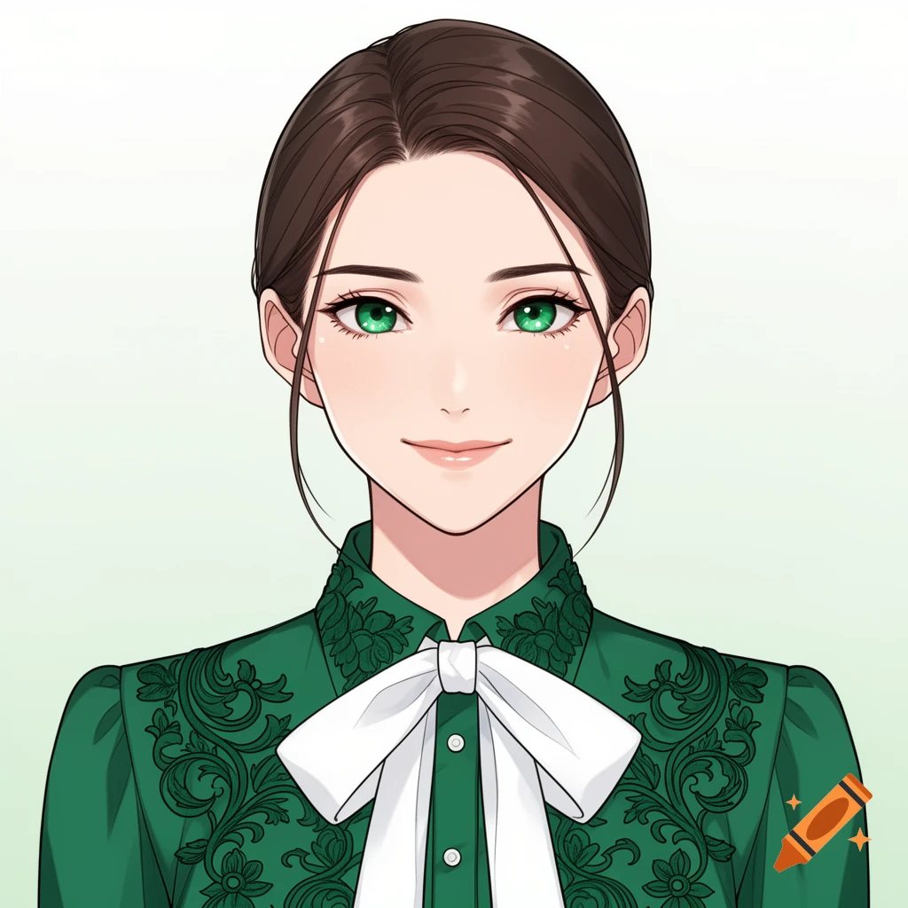 Anime style portrait of a young woman with brown hair and green eyes, wearing a green ornate blouse with a white bow.