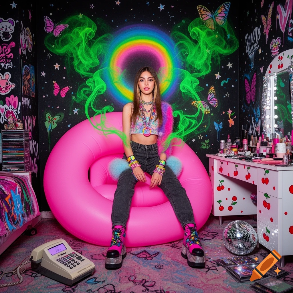 A woman in a Y2K-style outfit with platform shoes sits on a giant pink inflatable chair in a colorful, graffiti-filled room with a psychedelic neon halo, disco ball, and chunky phone.