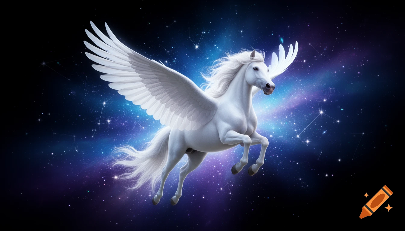 A majestic white Pegasus with large feathered wings soars through a glowing blue and purple star-filled night sky.