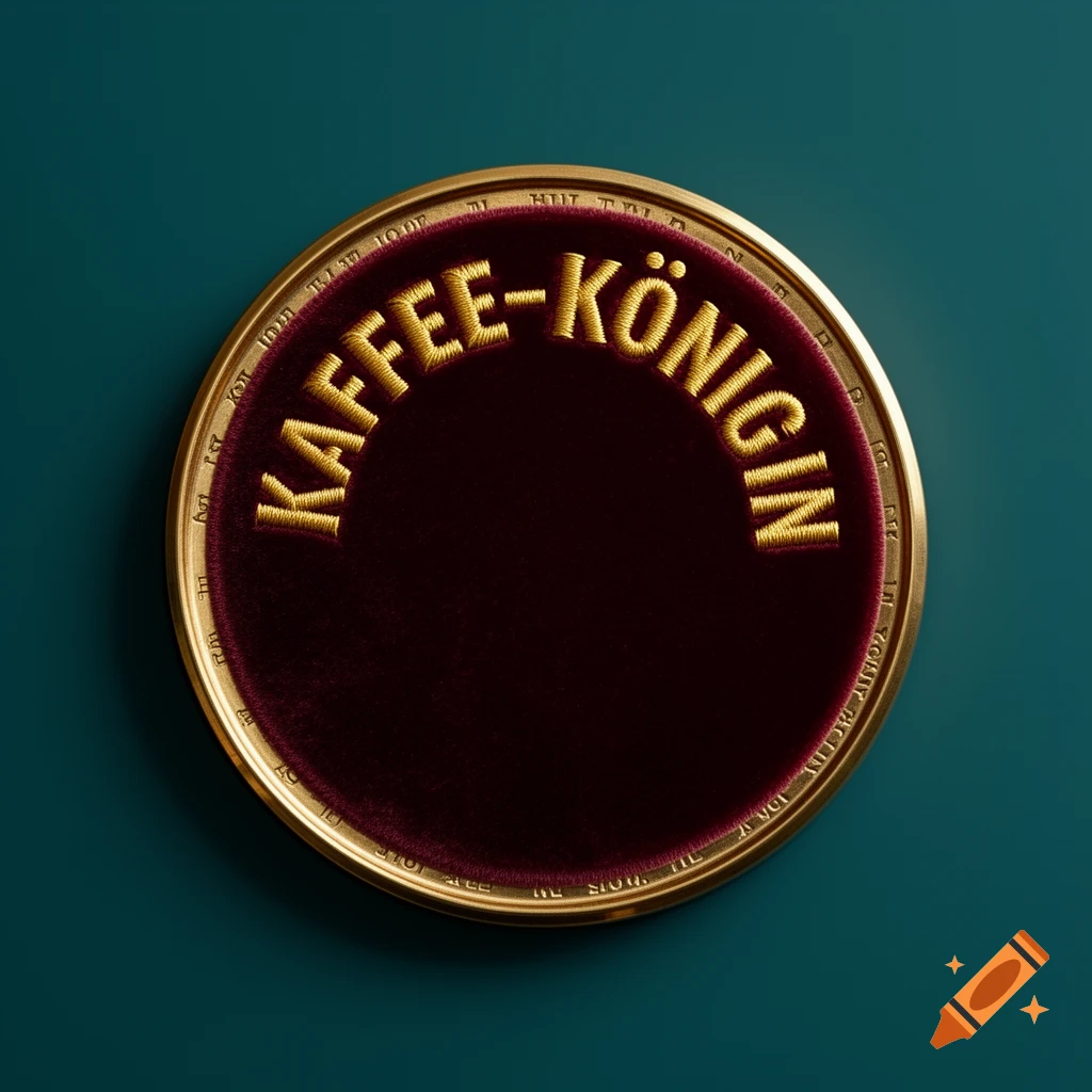 A round, gold-rimmed emblem with a deep red velvet center, featuring "KAFFEE-KÖNIGIN" embroidered in gold text across the top.