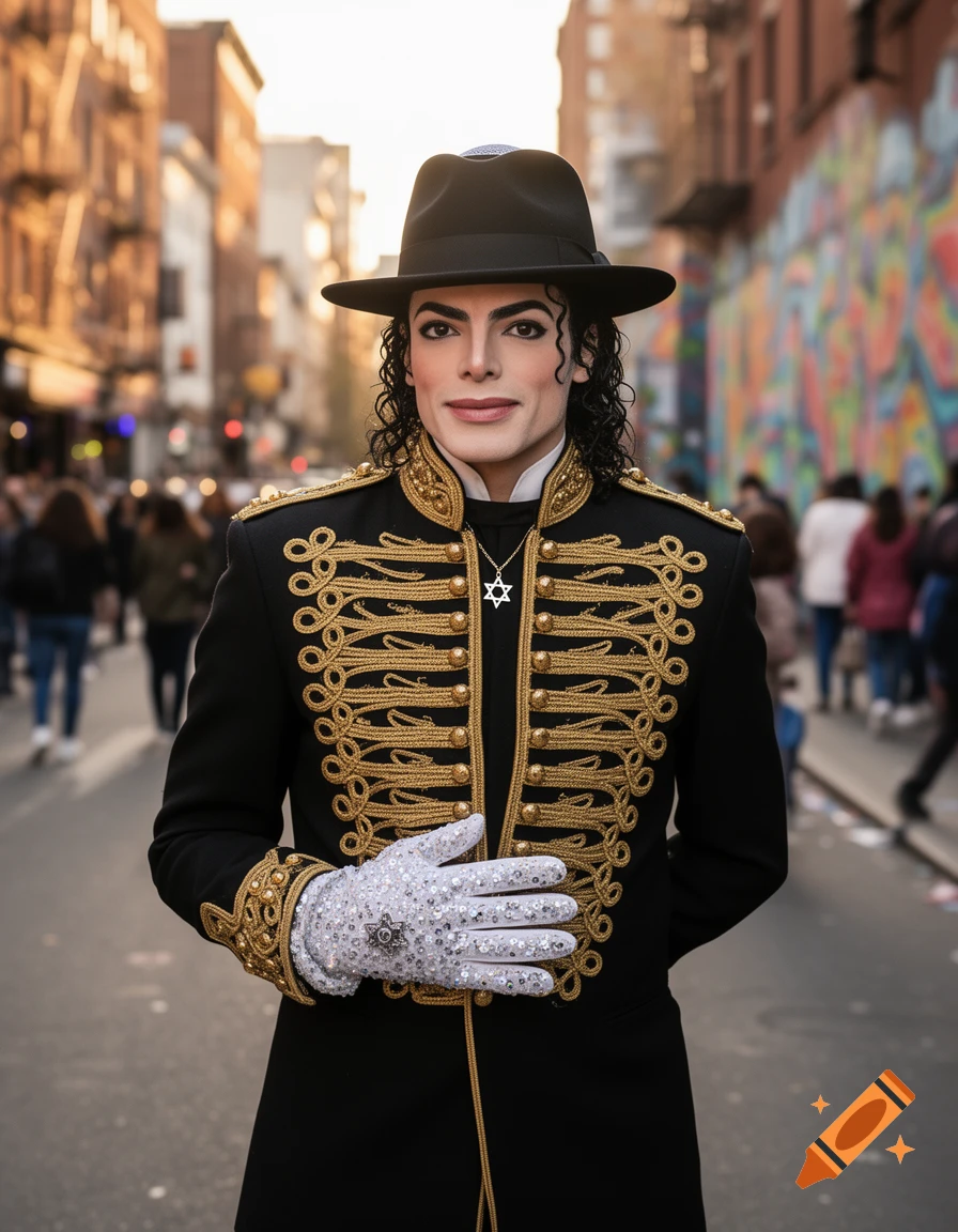Michael Jackson in a black military-style jacket with gold braiding, a fedora, white sequined gloves, and a Star of David necklace on an urban street.