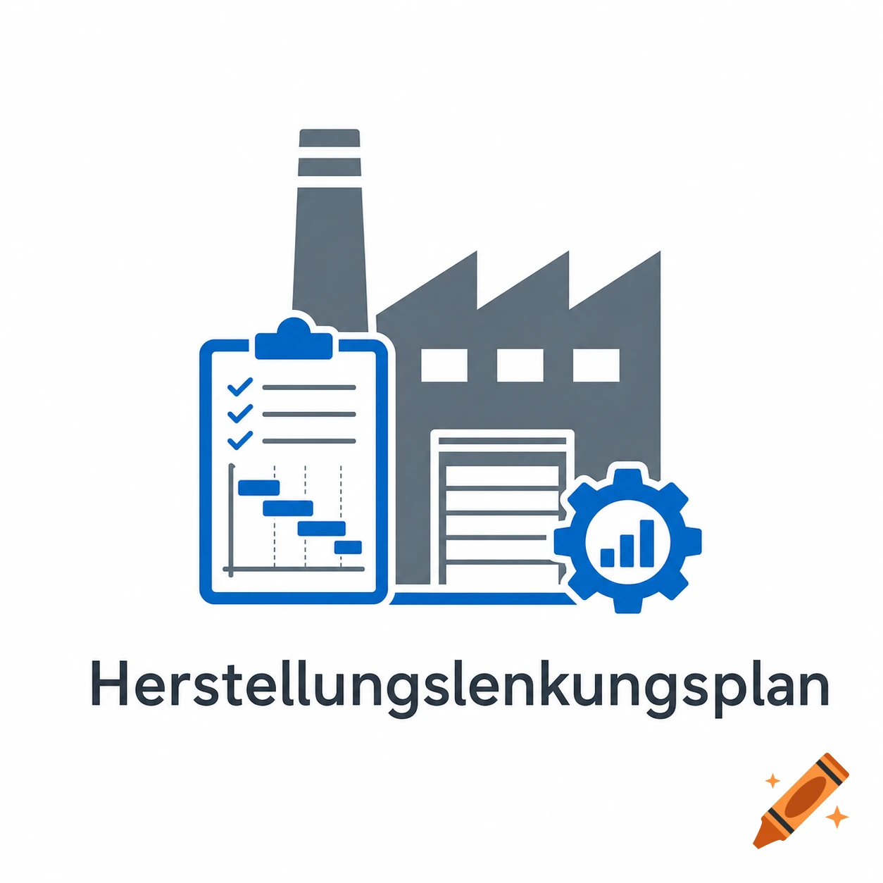 Vector icon of a factory, clipboard with chart, gear, and German text 'Herstellungslenkungsplan' (Manufacturing Control Plan).