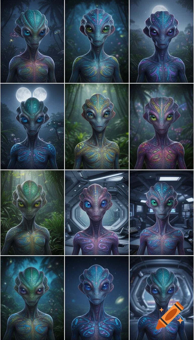 A grid of 12 detailed alien portraits, each with large eyes and colorful patterned skin, against varied backgrounds from lush alien jungles to futuristic spacecraft interiors.