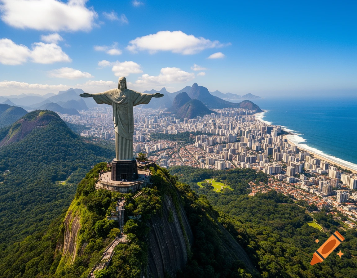 Photorealistic aerial view of the Christ the Redeemer statue on a lush green mountain, overlooking the vast cityscape of Rio de Janeiro, with the ocean and additional mountains in the background under a blue sky.