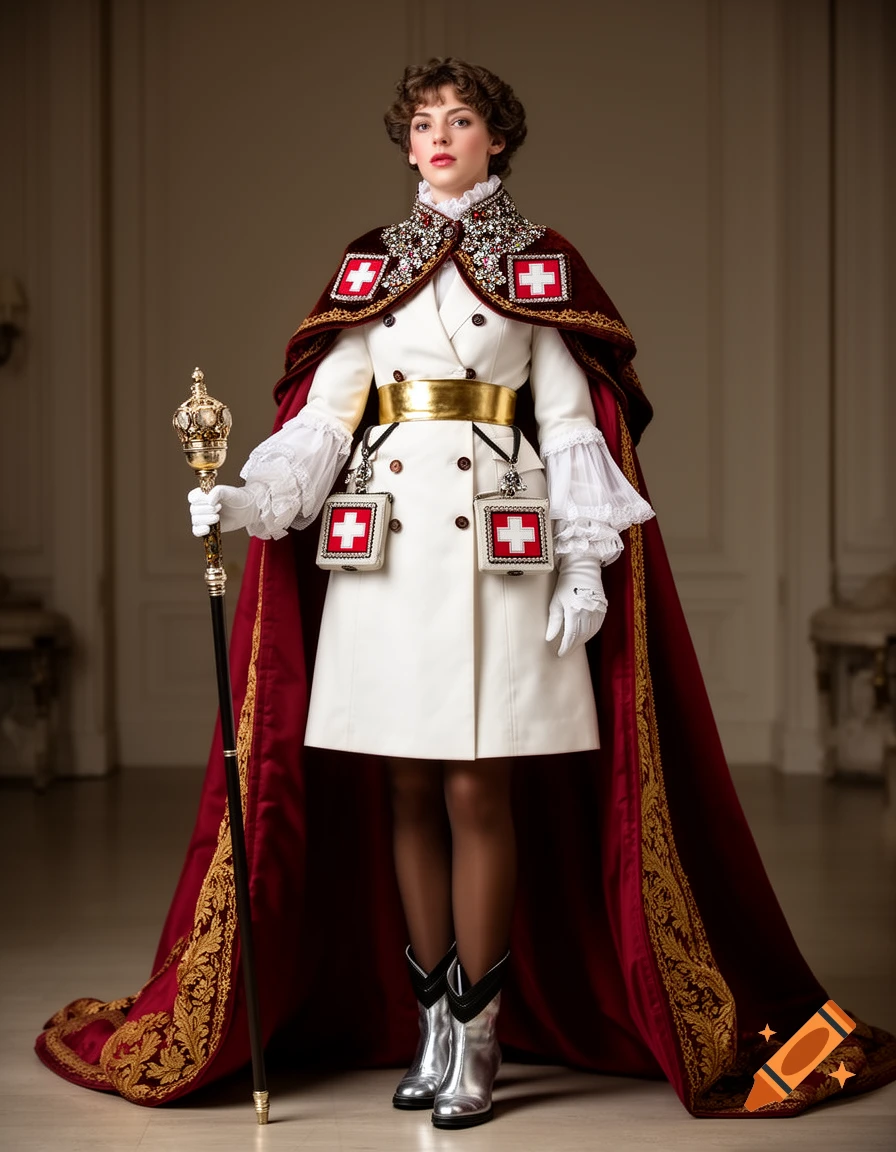 A woman in an elaborate white double-breasted coat, red and gold cape, silver boots, holding an ornate staff, standing in a grand hall.