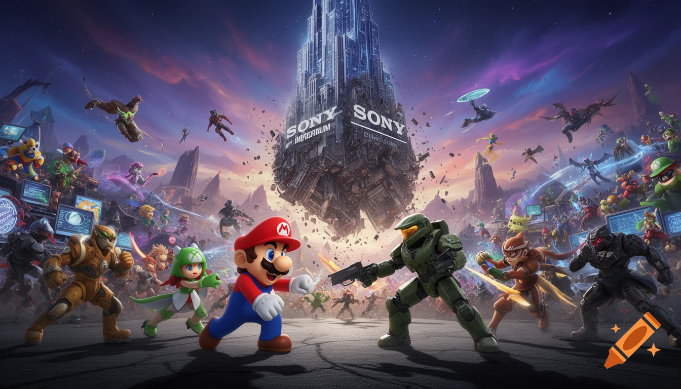 Mario and Master Chief lead diverse video game characters battling around a crumbling skyscraper with 'SONY' logos in a vibrant, fantastical setting.