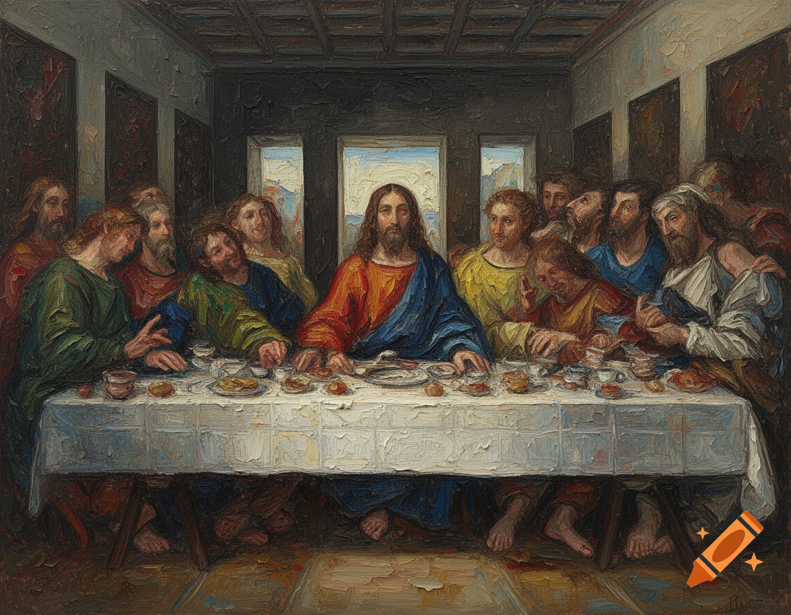 A Neo-Expressionist oil painting of The Last Supper, depicting Jesus and his disciples around a table with thick, textured brushstrokes.