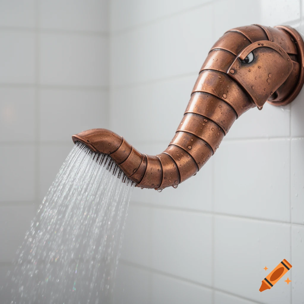 A unique shower head shaped like a detailed copper elephant's trunk, spraying water onto a white tiled wall.