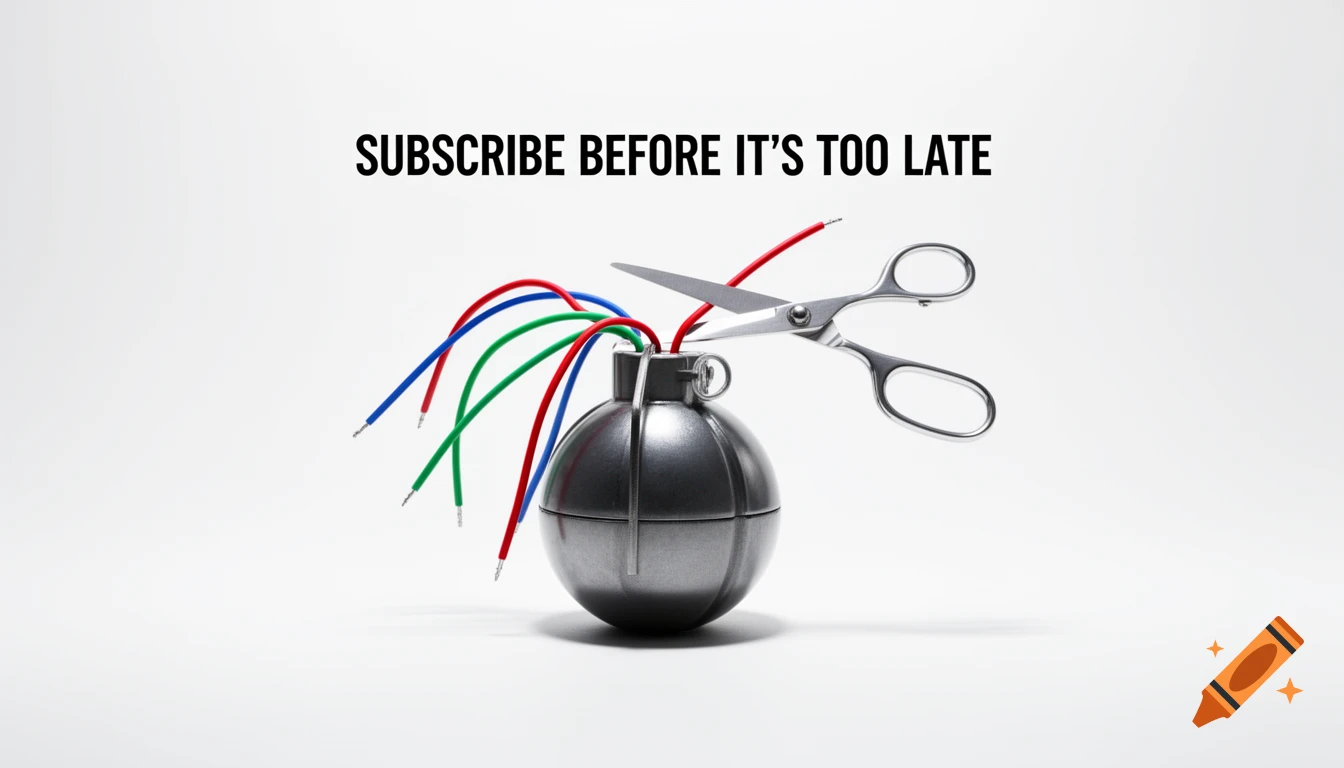 Photorealistic image of a round bomb with red, green, and blue wires, scissors about to cut a red wire, and text 'SUBSCRIBE BEFORE IT'S TOO LATE' on a white background.