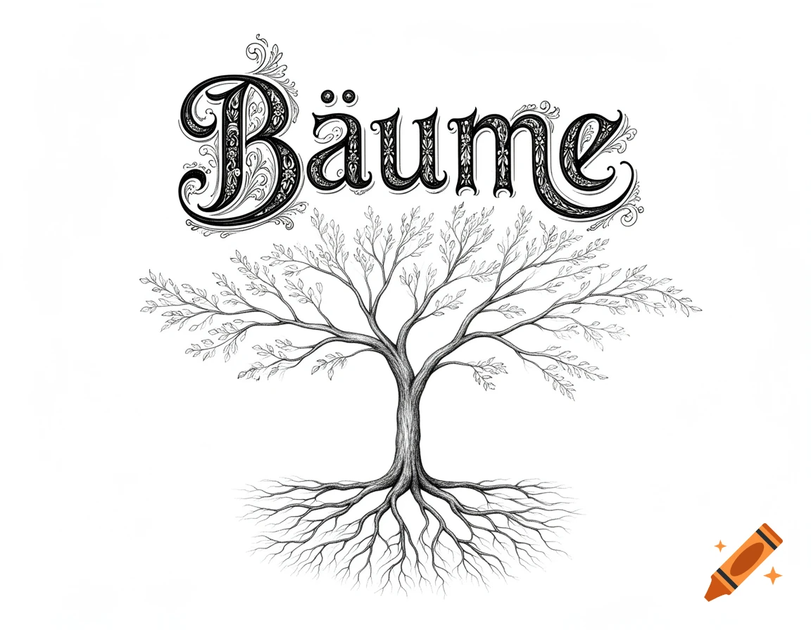 Ink drawing of a delicate tree with roots and leaves, topped by an ornate, calligraphic "Bäume" heading.