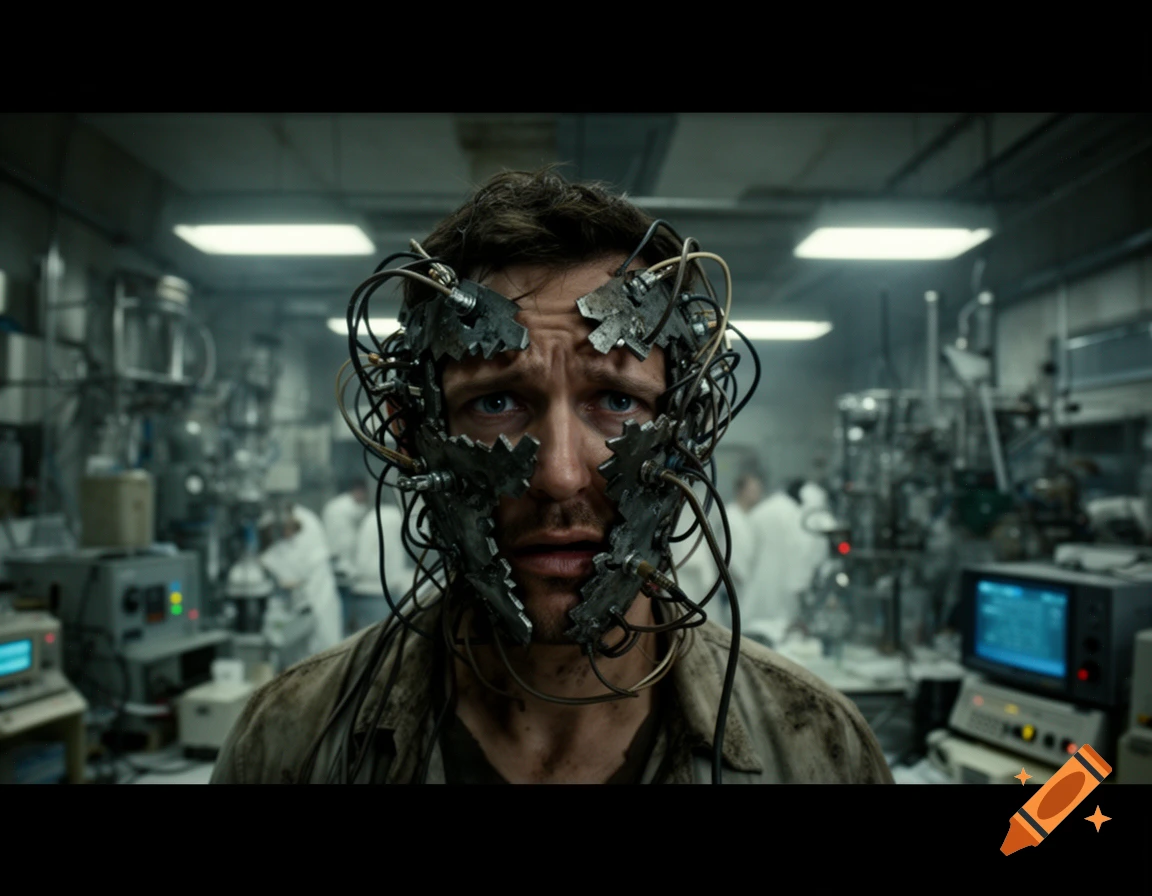 A distressed man with a complex device of wires and metal covering his face in a dimly lit science lab.