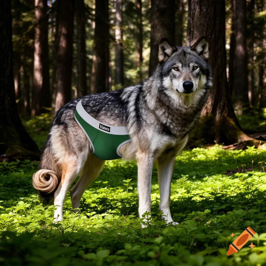 A photorealistic gray wolf stands in a lush forest, wearing green Hanes boxers with the Hanes logo on the waistband.
