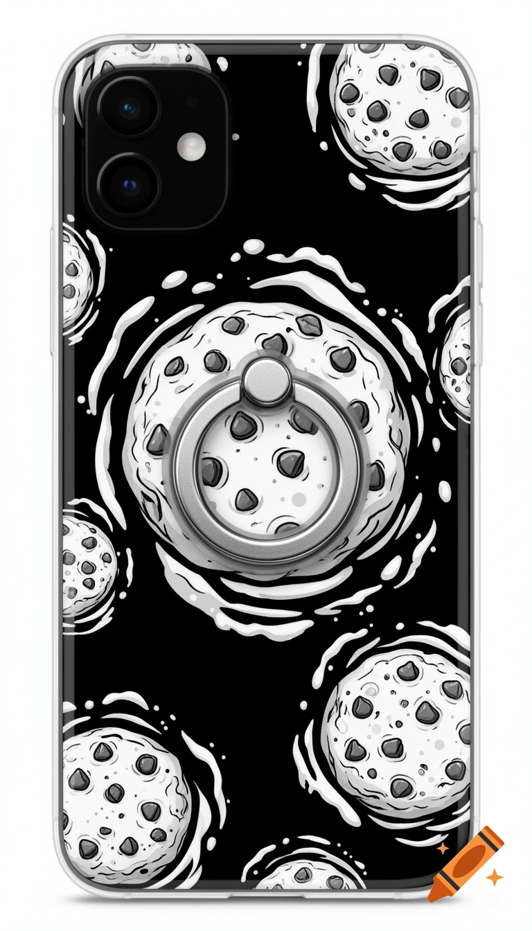 Black and white cartoon cookie and milk splash design on an iPhone case with a silver phone ring holder.