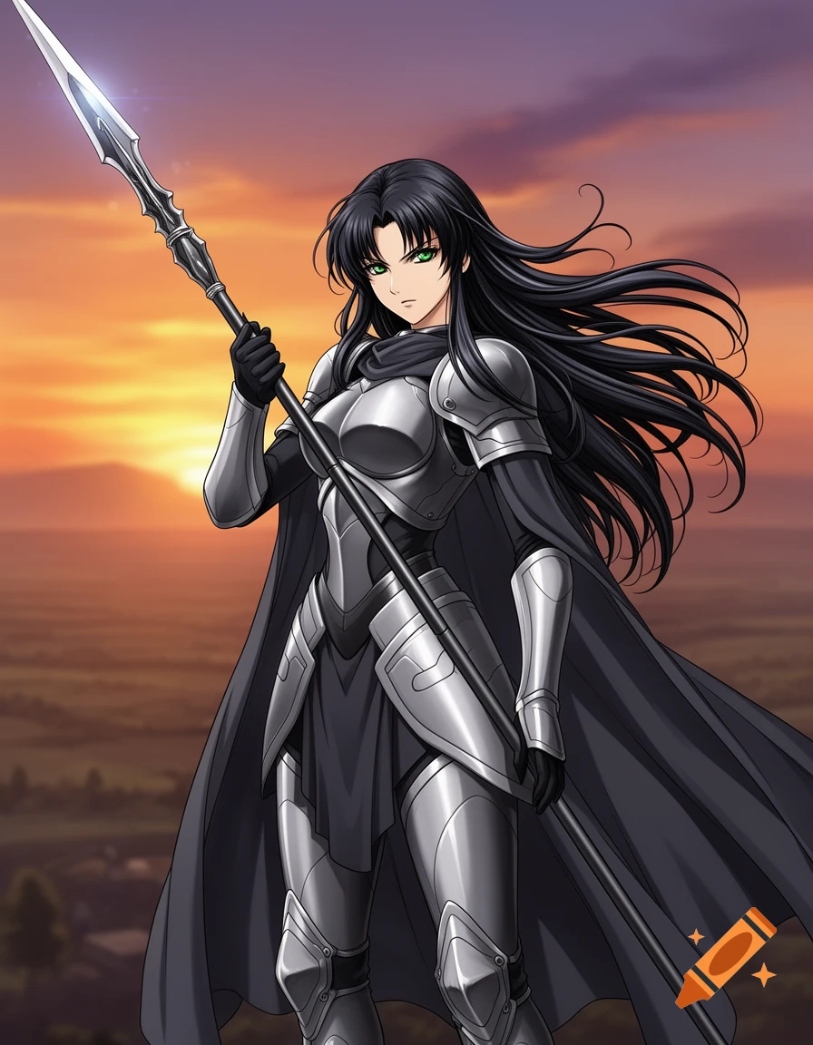 An anime-style woman in silver armor and a dark cape holds a spear against a sunset background.