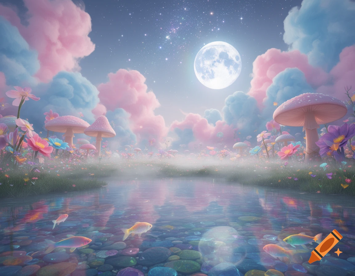 A vibrant dreamcore landscape at night, featuring a full moon, pastel pink and blue clouds, giant mushrooms, colorful flowers, and a misty pond with fish.