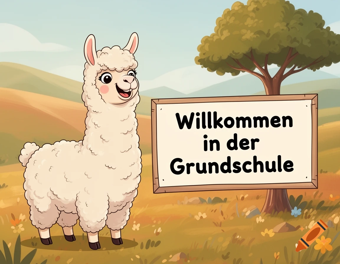 A friendly cartoon llama smiles next to a sign that reads 'Willkommen in der Grundschule' (Welcome to Primary School) in a sunny landscape.