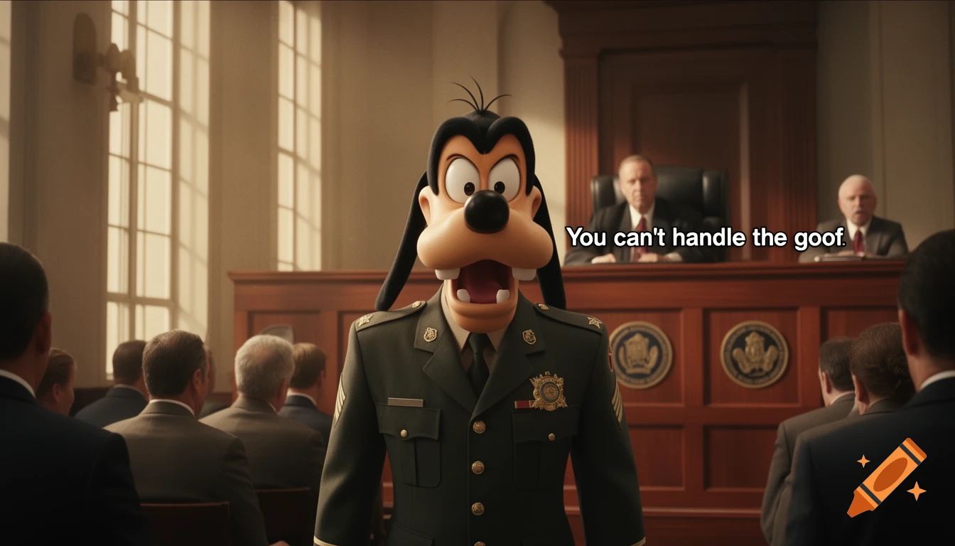 Goofy in a military uniform yells in a courtroom with the text 'You can't handle the goof'.
