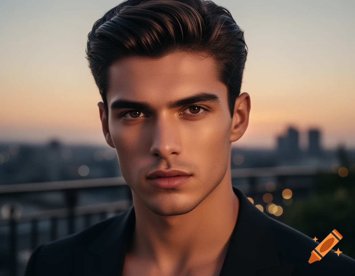 Photorealistic portrait of a handsome young man with dark hair, looking directly, against a blurred sunset city skyline.