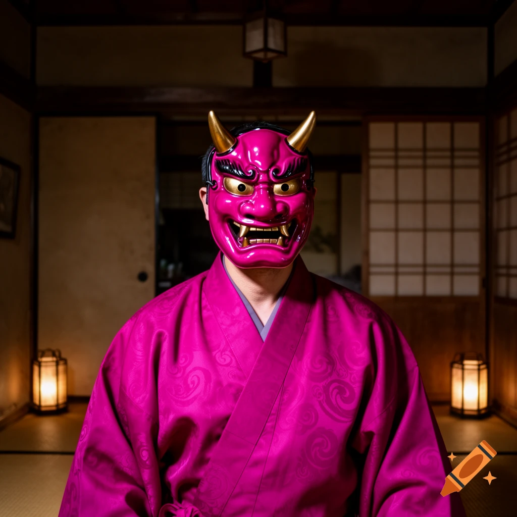 Person in a vibrant magenta robe and matching Oni mask sits in a dimly lit traditional Japanese room with lanterns.