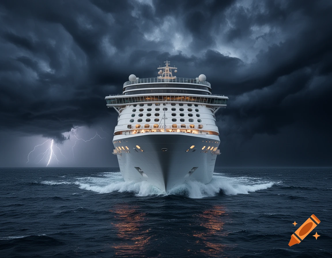 A large white cruise ship sails through dark, turbulent ocean waters under a stormy sky with lightning.