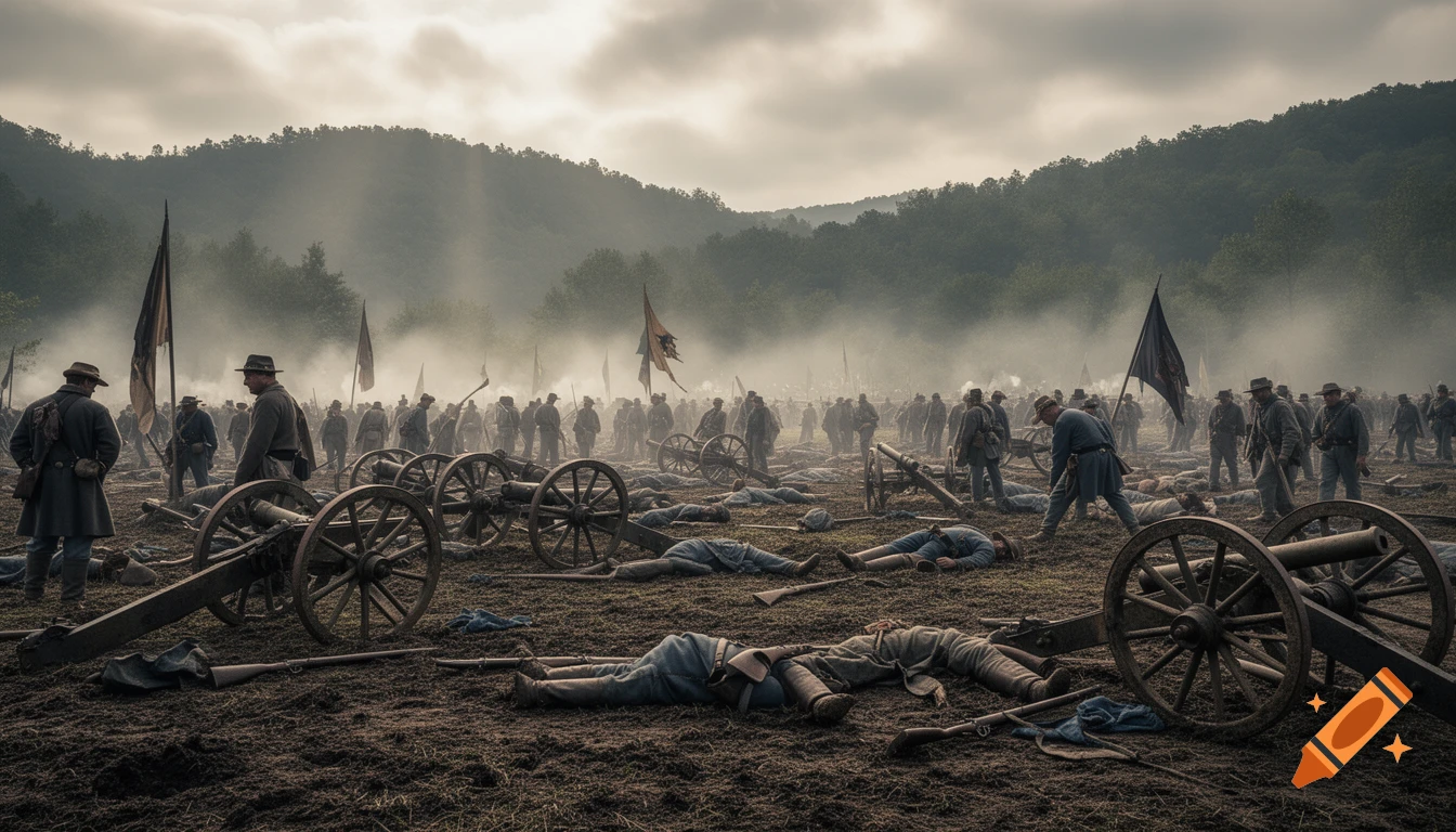 Misty American Civil War battlefield with soldiers, cannons, and fallen figures under an overcast sky.