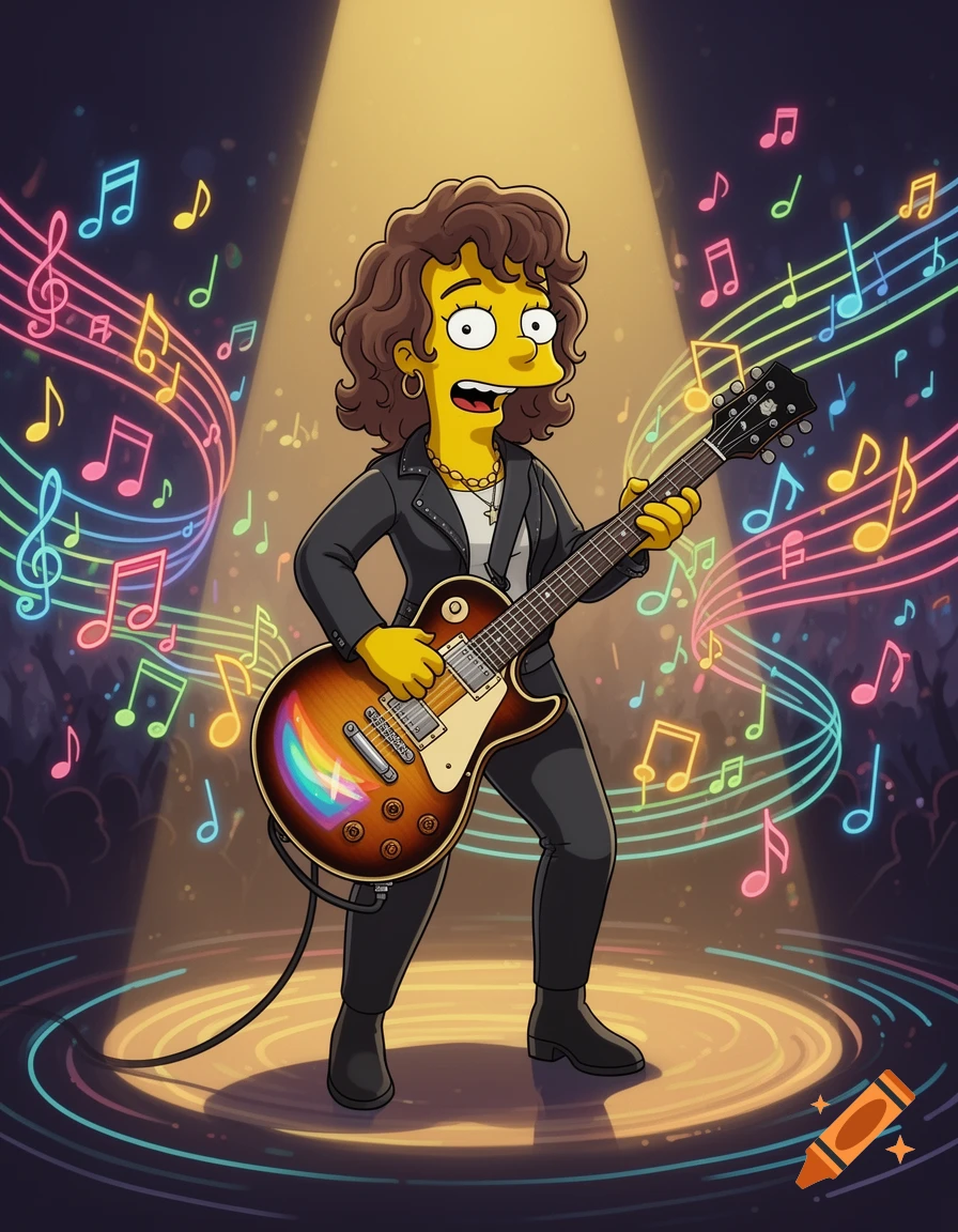 A yellow-skinned cartoon character in the style of The Simpsons, with curly brown hair and a leather jacket, plays an electric guitar on a stage with neon music notes.