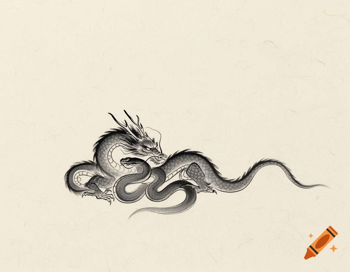 A minimalist Japanese Sumi-e ink drawing of an elegant dragon and snake intertwined on textured cream paper.