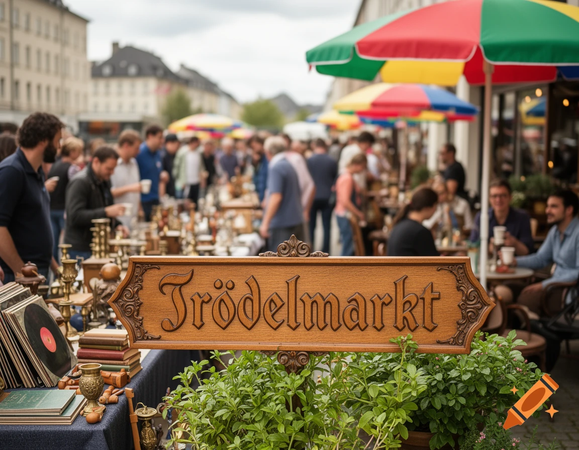 Photorealistic outdoor flea market scene with people browsing stalls, colorful umbrellas, and a wooden sign 'Trödelmarkt'.