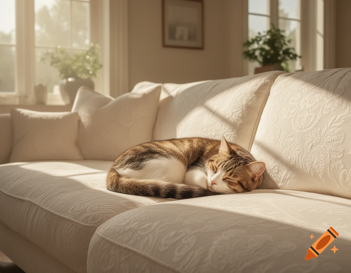 A tabby cat sleeps peacefully curled up on a cream-colored sofa in a sunlit room.