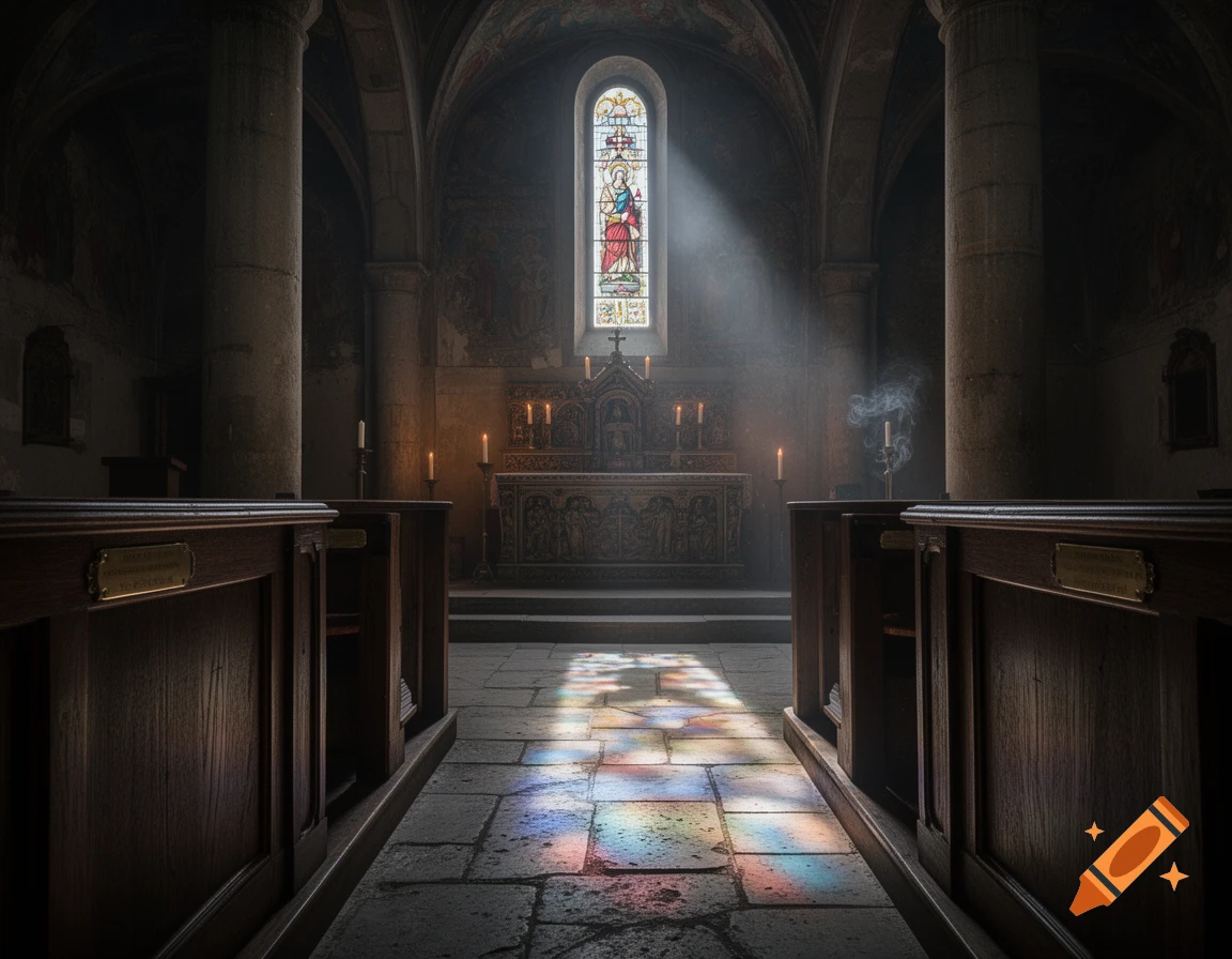 Sunlight streams through a colorful stained-glass window onto the stone floor of a dark, ancient church interior with wooden pews.