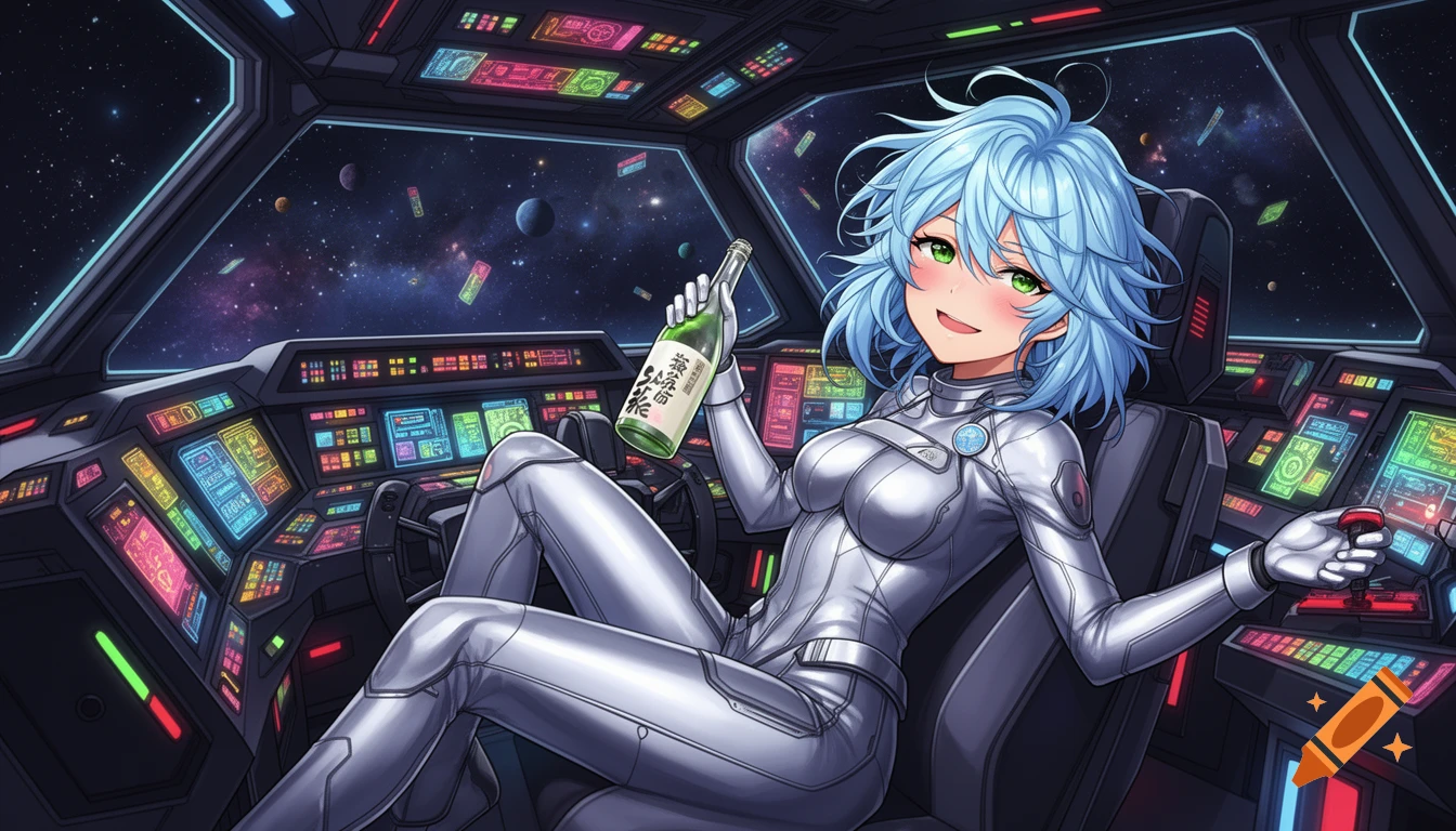 Anime woman with blue hair in a silver spacesuit sits in a spaceship cockpit, holding a bottle as planets and stars fill the window.