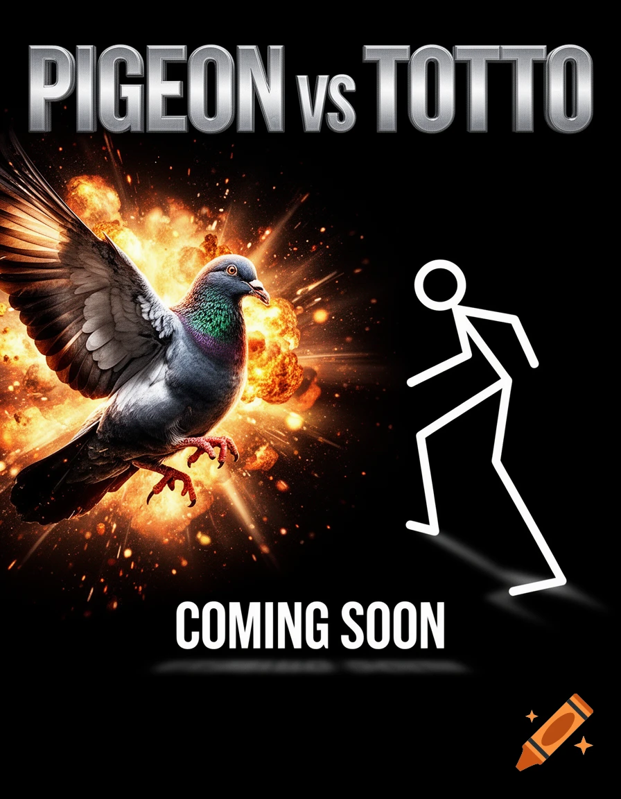 Epic movie poster for 'PIGEON vs TOTTO' shows a pigeon flying from explosions opposite a running white stick figure on a black background, with 'COMING SOON' text.