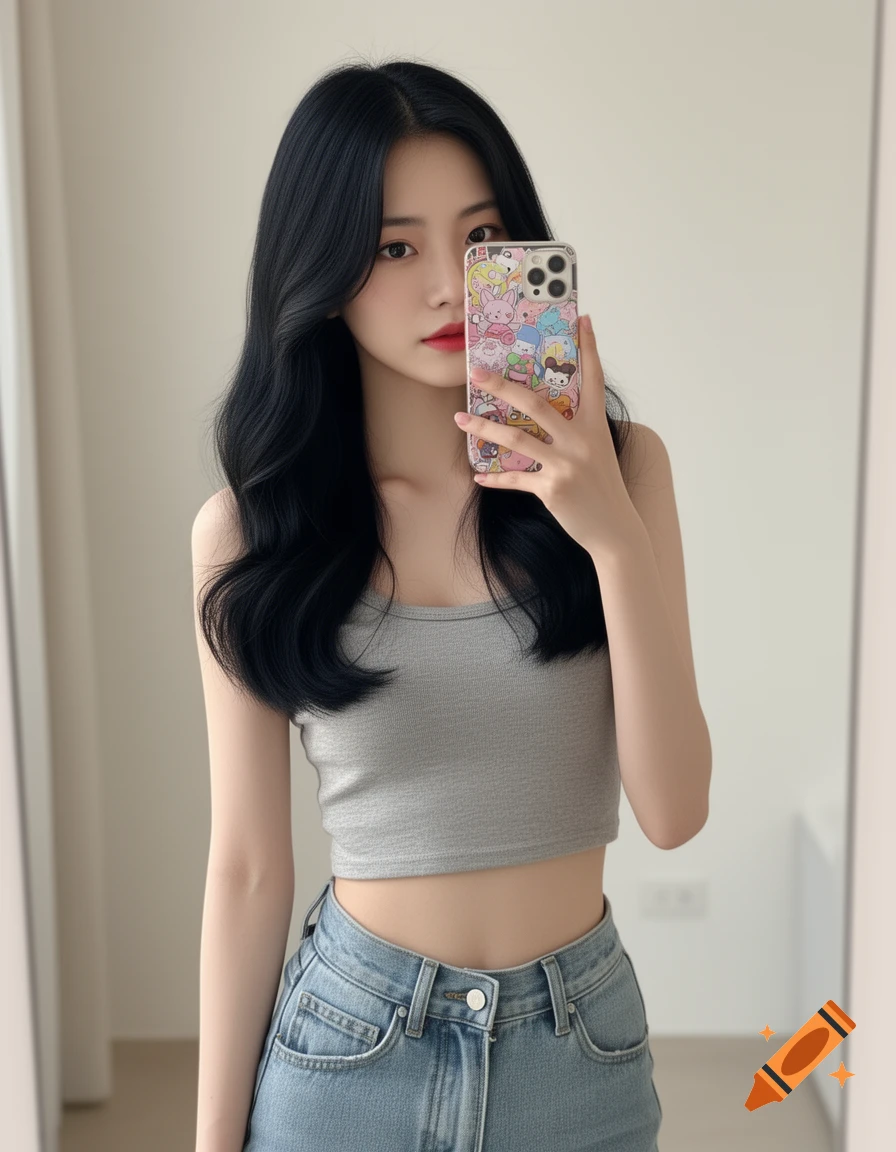 A young Asian woman with long black hair wearing a gray crop top and jeans, taking a mirror selfie with a decorated phone.