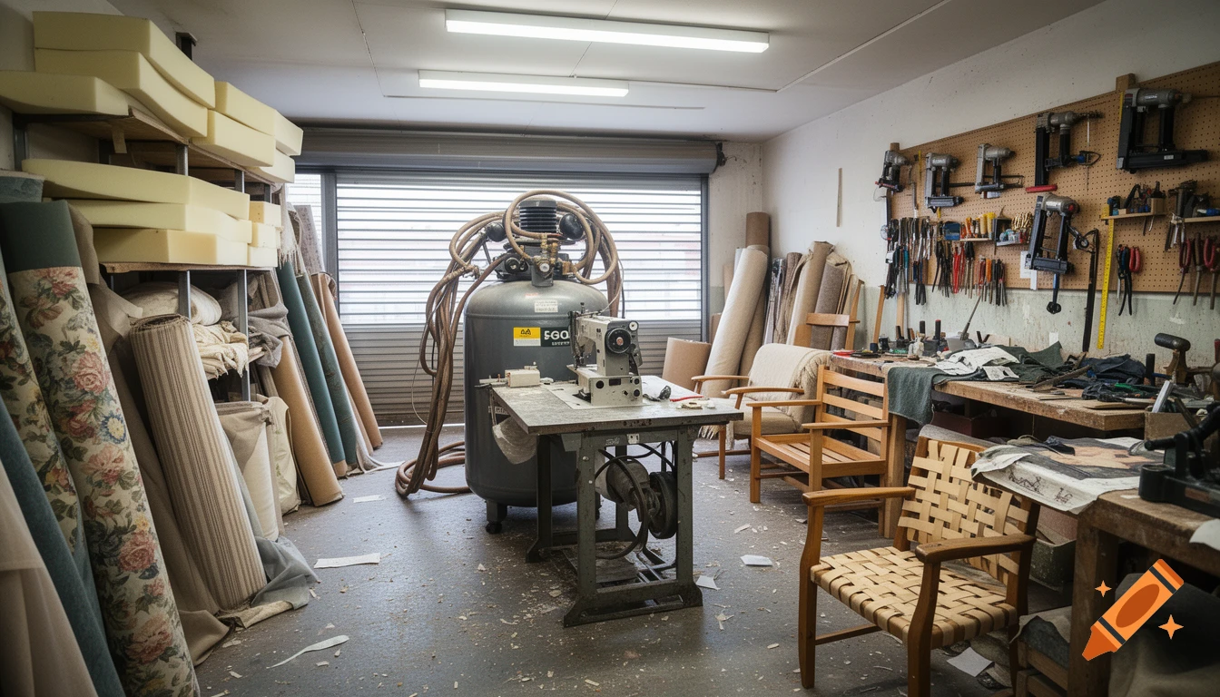 Photorealistic wide-angle view of a cluttered professional furniture upholstery workshop with machines, fabric rolls, foam, and tools.