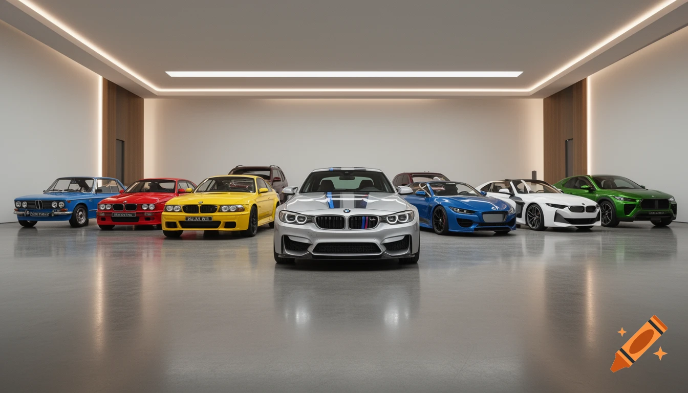 A professional photograph of a fleet of diverse BMW models displayed in a modern, luxury car showroom.