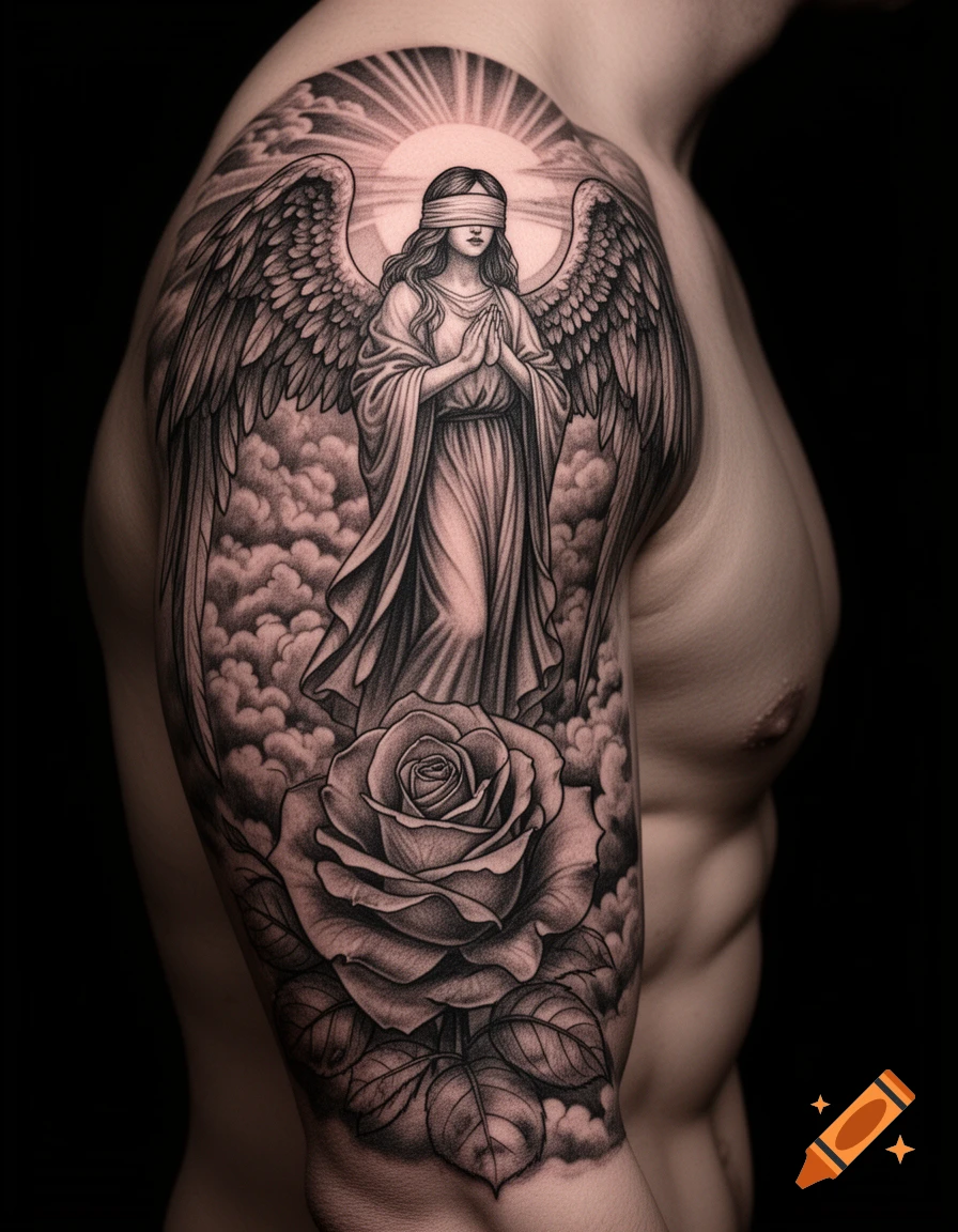 Black and grey tattoo on an arm showing a blindfolded angel with wings, clouds, sun rays, and a large rose.