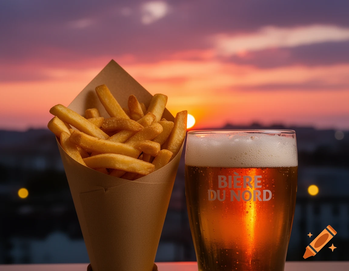 A paper cone of golden fries and a glass of beer with 'BIERE DU NORD' text, silhouetted against a vibrant orange and purple sunset.