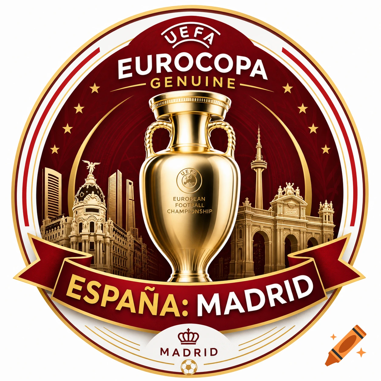 A UEFA Eurocopa logo with a golden trophy, 'España: Madrid' text, and a golden cityscape of Madrid landmarks.
