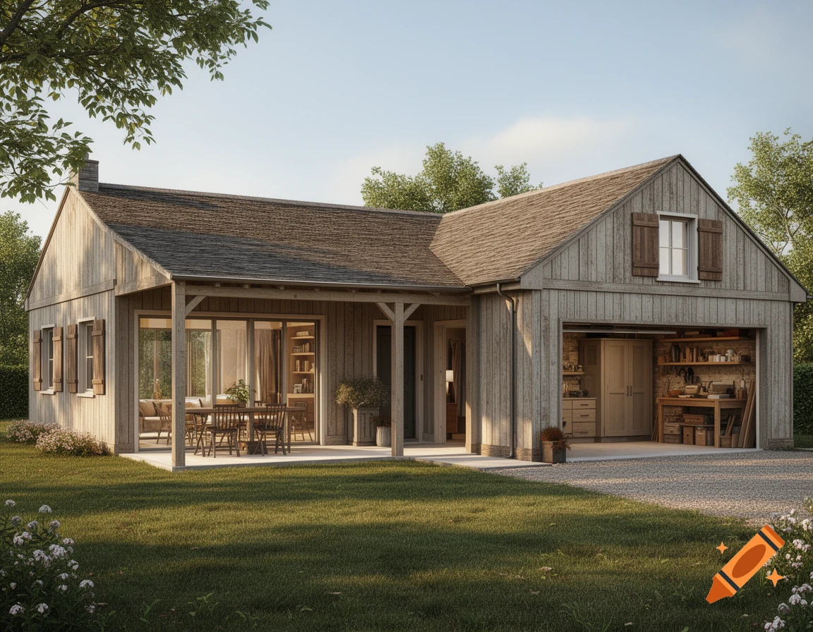Photorealistic exterior view of a rustic wooden bungalow house with a covered porch, an open garage workshop, and a green lawn.