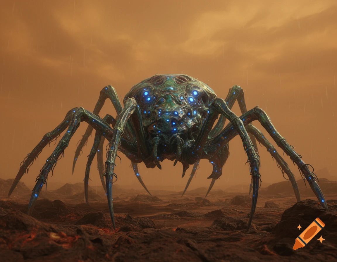A photorealistic, mutated spider-like alien creature with glowing blue lights on a barren, reddish-brown planet under an orange sky.