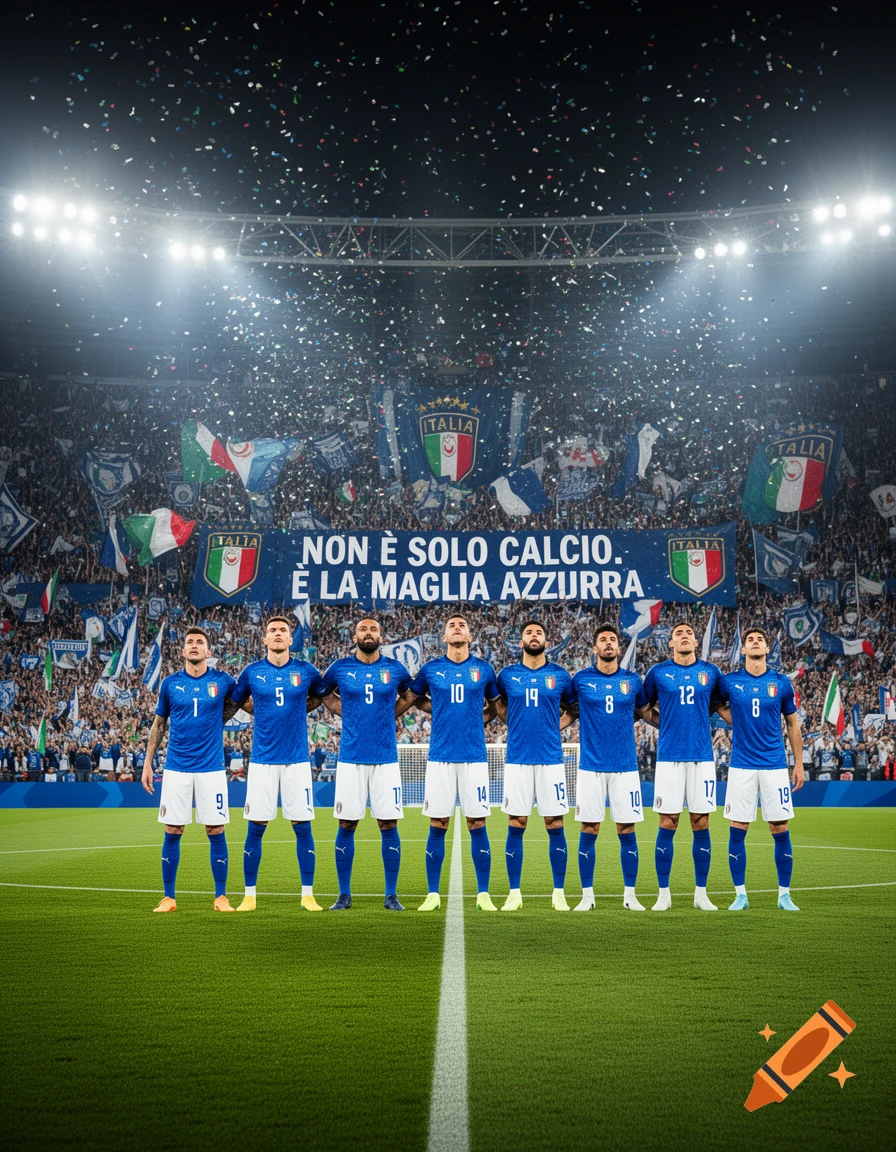 Photorealistic image of Italian soccer players in blue jerseys on a stadium field with cheering fans, confetti, and a banner.