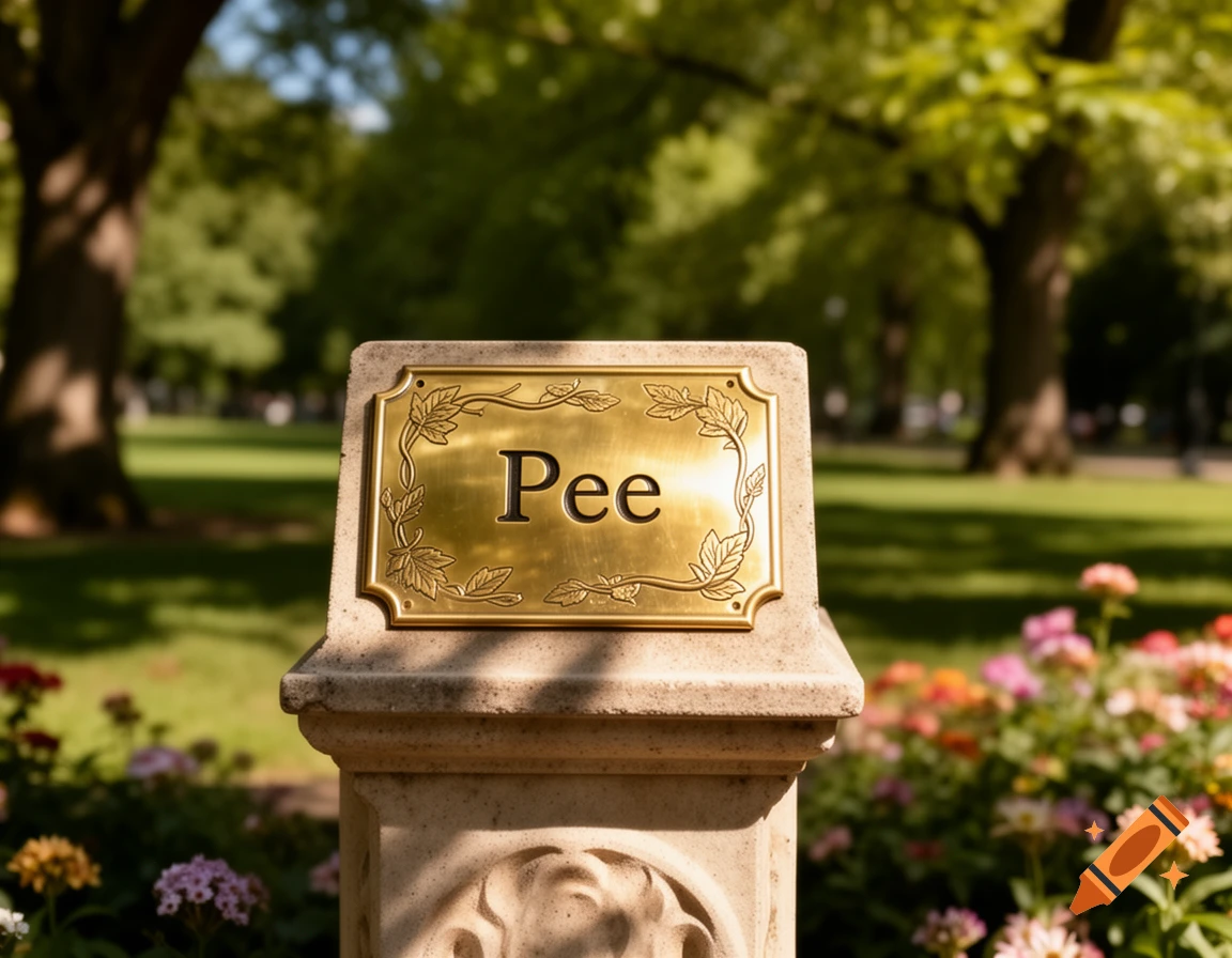 A stone pedestal with a brass plaque reading 'Pee' in a sunny park with flowers and trees.
