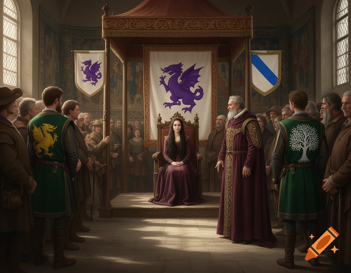 A dark-haired medieval queen in a royal hall, seated under a pavilion, surrounded by lords and petitioners, with heraldic banners.