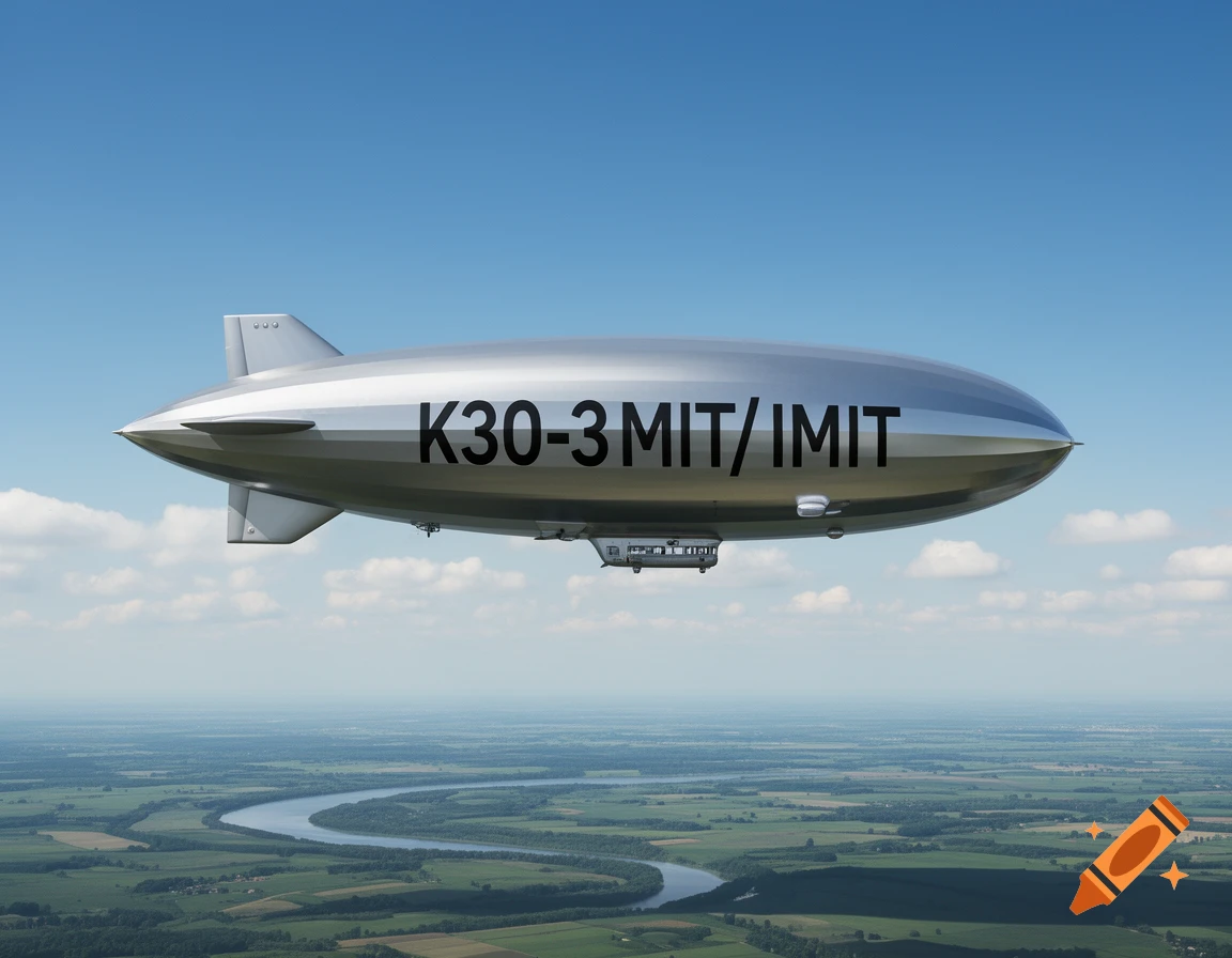 A silver zeppelin with "K30-3 MIT/IMIT" on its side flies over a winding river and green landscape under a clear blue sky.