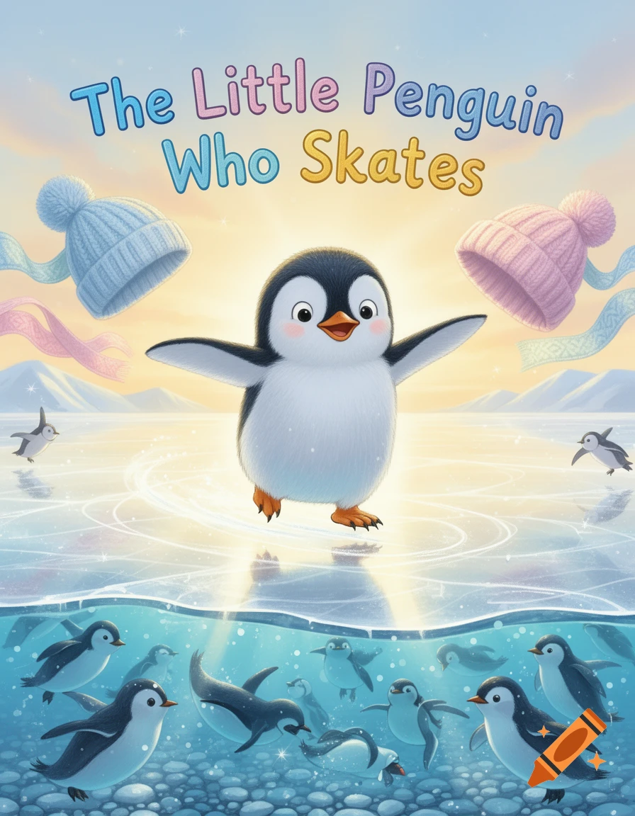 A cute cartoon penguin skates on ice with other penguins swimming below. The book cover features the title 'The Little Penguin Who Skates'.